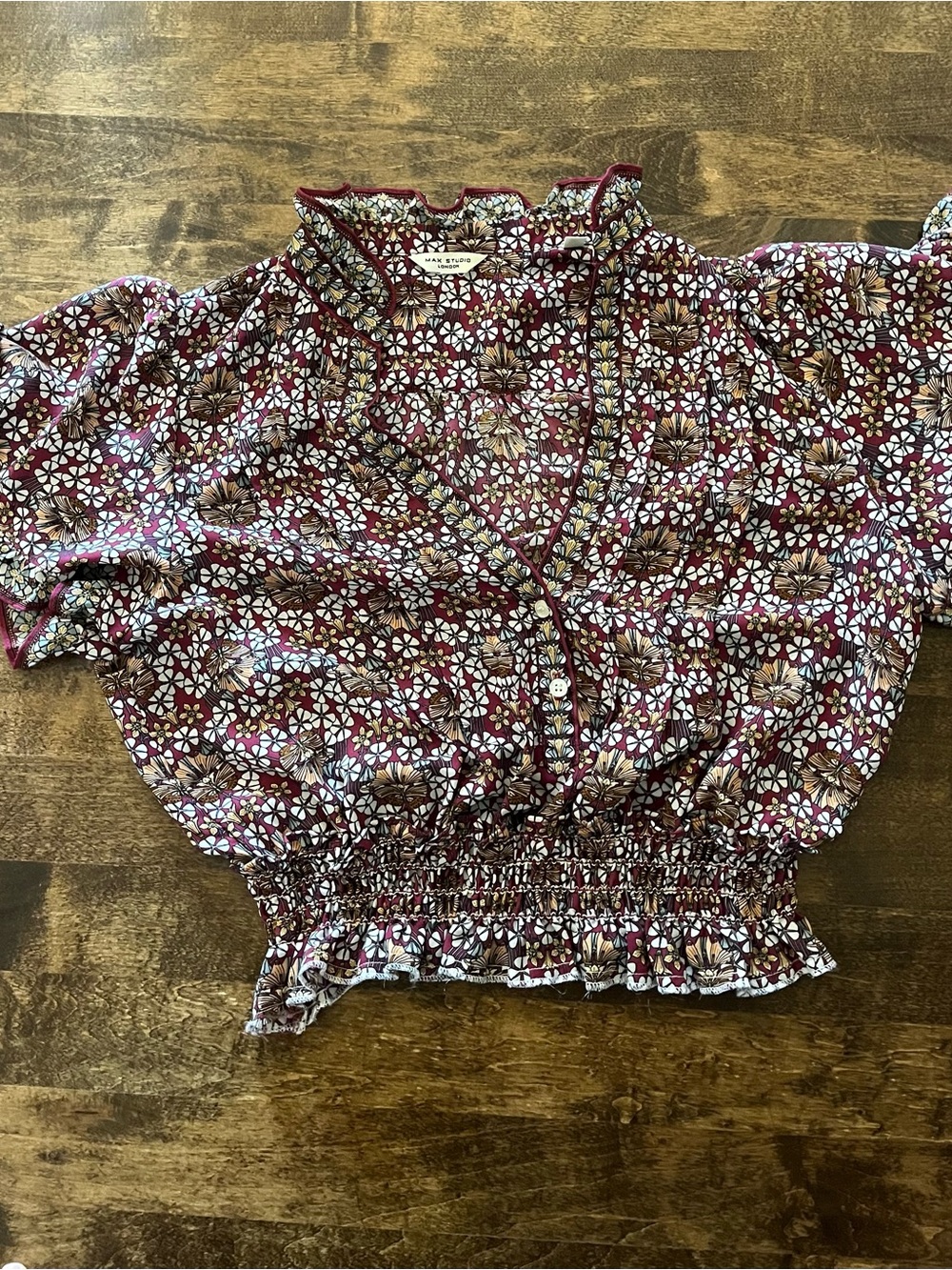 Max Studio Burgundy Floral Ruffled Smocked-Waist Blouse